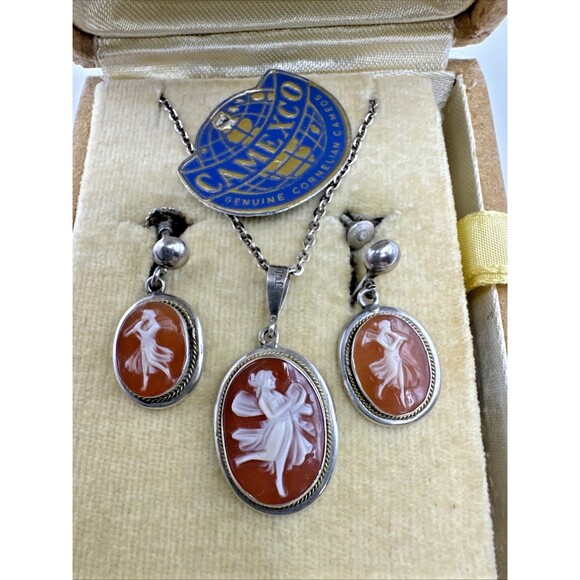 Art Deco Antique Cameo  Earrings Necklace Set 800 Silver Original Box Italy - Picture 2 of 9
